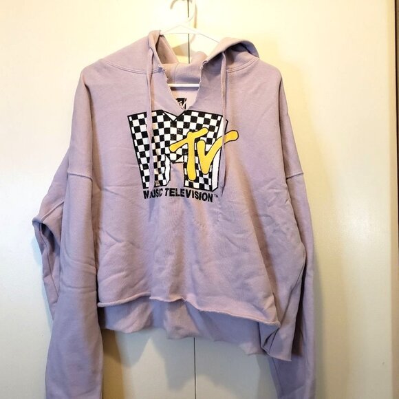 MTV Womens 3X Lavender Cropped Hoodie Checkered Logo Sweatshirt Streetwear Y2K - Picture 2 of 8